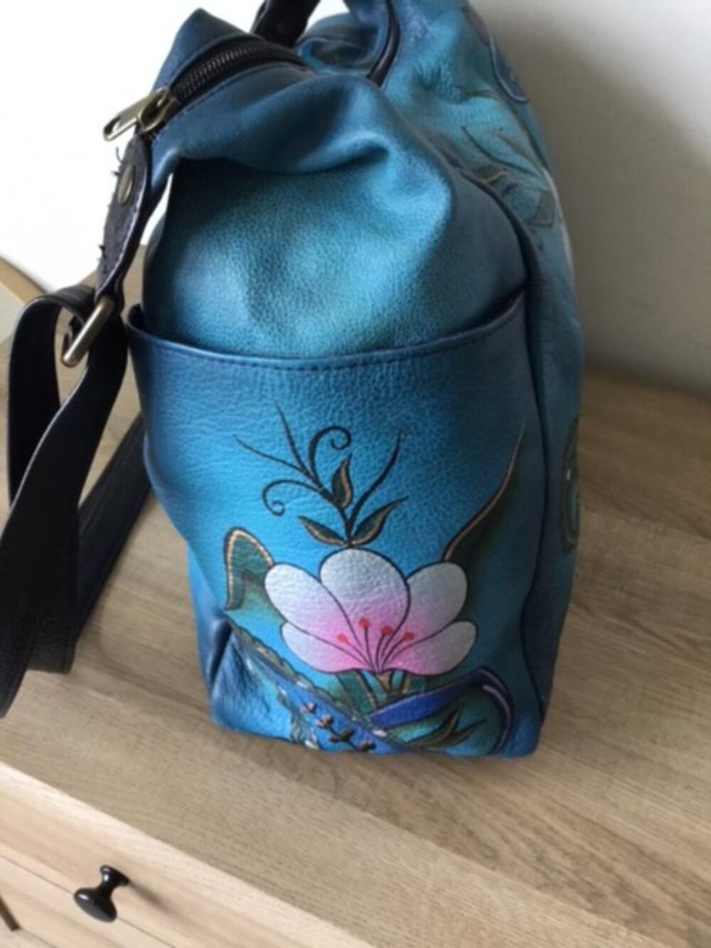 Anuschka Teal Floral Shoulder Bag with Pink and Blue Accents and Makeup Bag - Picture 6 of 14